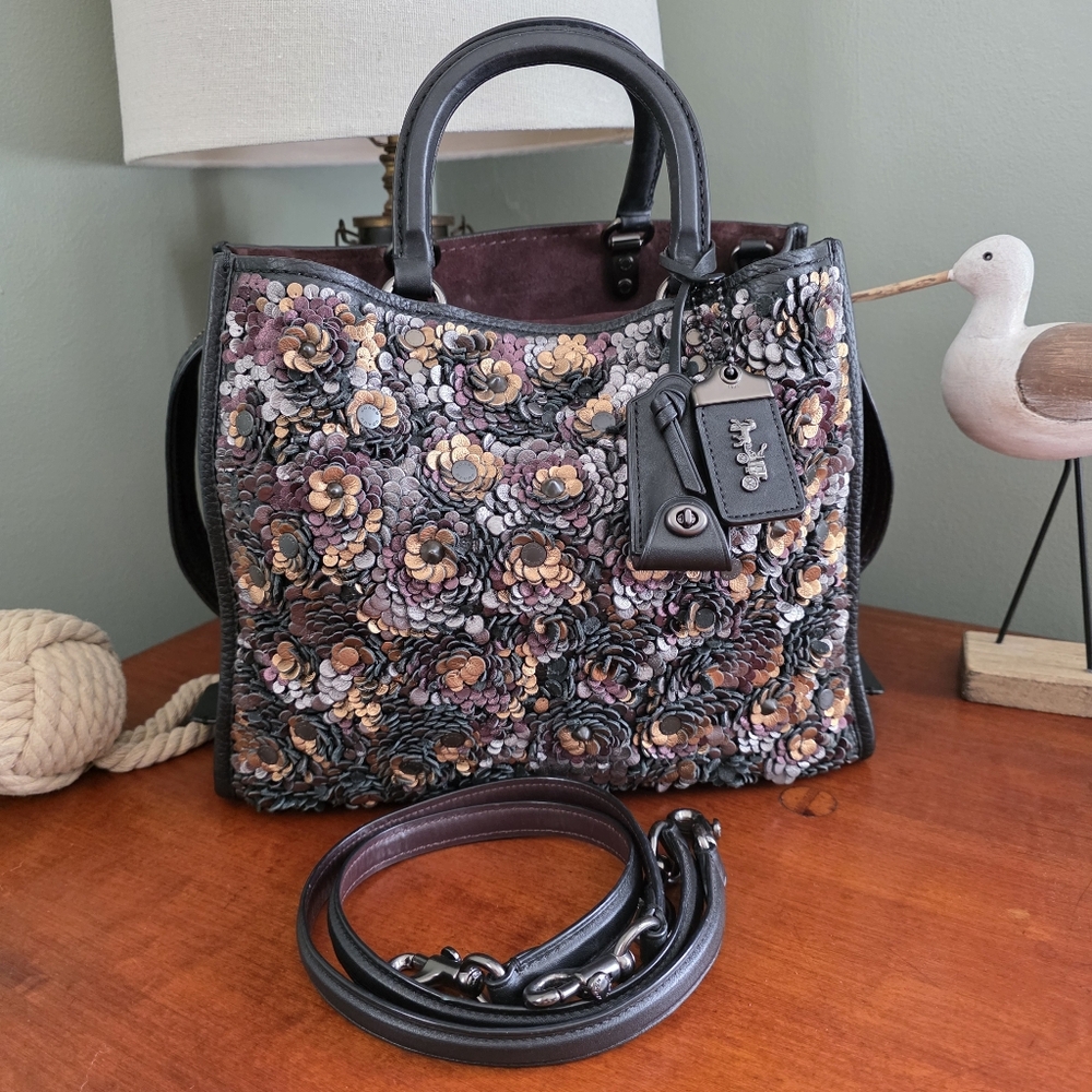 Coach Rogue 30 35613 Leather Sequin Satchel Black Oxblood Bag